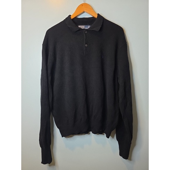 Polo Ralph Lauren Sweater Mens XL Black Lambswool Collared Pullover Pony Logo - Picture 1 of 8